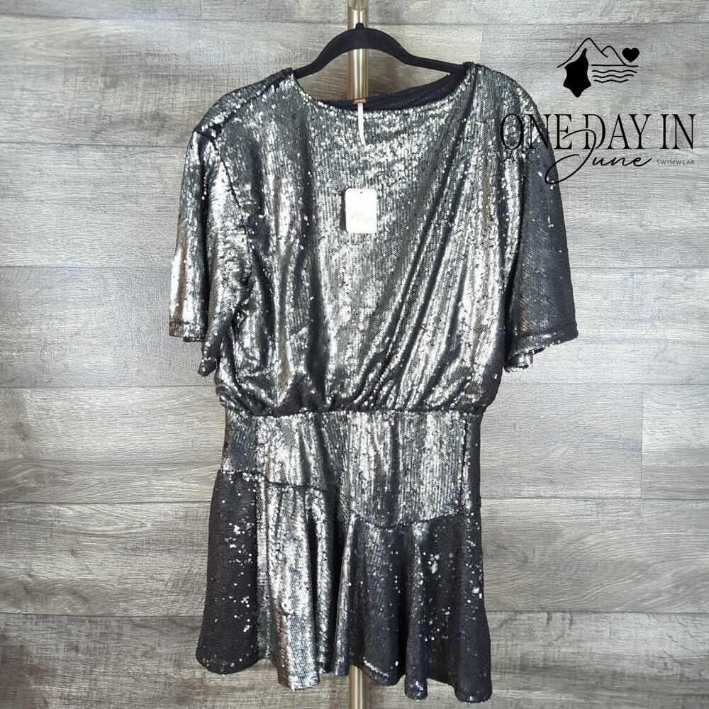 Free People Manuka Sequin Mini Dress Gunmetal Silver NWT $168 Size M